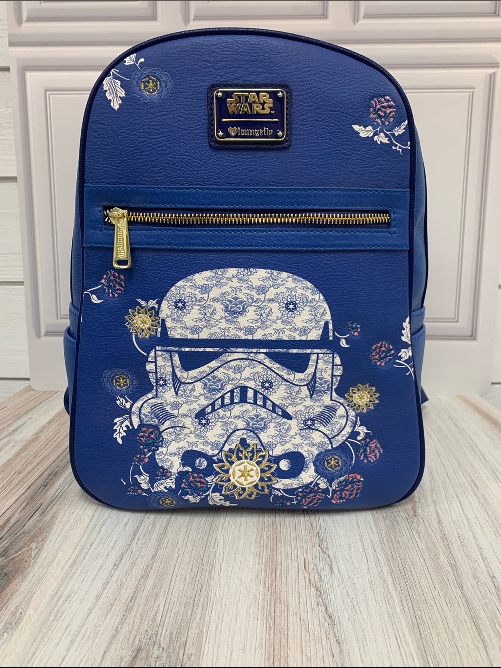 Loungefly Blue Floral Stormtrooper Mini Backpack with Gold Accents